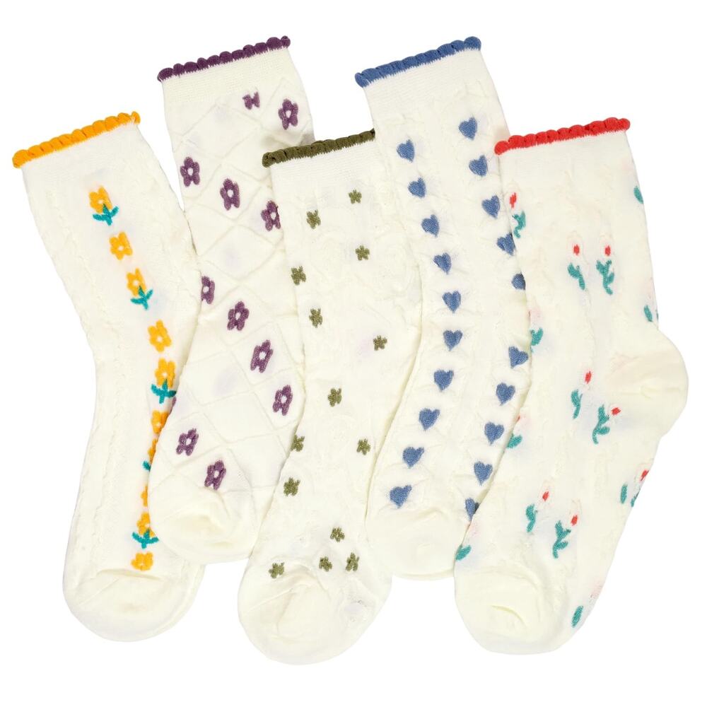 Womens 5 Pack White Crew Socks Floral Heart Pattern Scalloped Trim